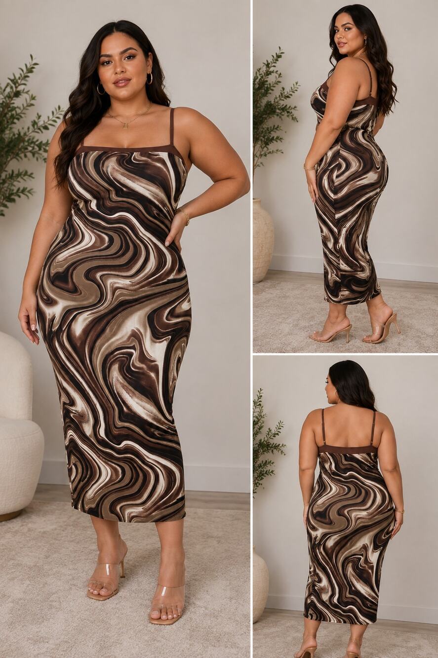 Bluebell Brown Marble Print Bodycon Midi Dress 1X Stretch Cami Y2K Clubwear